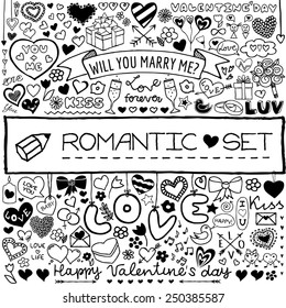 Doodle set of hearts, arrows, bows, presents, flowers etc. Design elements for Valentine's Day, wedding invitation, baby shower, birthday card etc. Vector illustration.