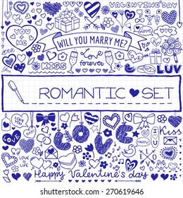 Doodle set of hearts, arrows, bows, presents, flowers etc. Pen drawn design elements for Valentine's Day, wedding invitation, baby shower, birthday card etc. Vector illustration.