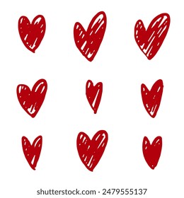 Doodle conjunto de corazones, conjunto de corazones de amor dibujado a mano sobre un fondo blanco. Un símbolo de amor, una fiesta de amor. Vector gráfico