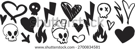 “Grunge doodle set of hearts, skulls, flames, and lightning symbols in black. Hand-drawn punk style vector illustration for tattoo or street art design. Edgy graphic elements collection.”