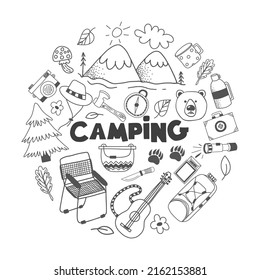 Doodle set with hiking elements arranged in a circle. Vector hand drawn cliparts with adventure, camping and touristic equipment. Outline vector illustration.