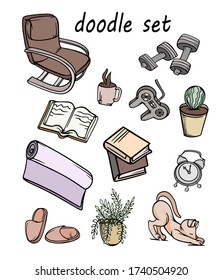 doodle Set von häuslichen Objekten Tiere farbige Symbole auf einem weißen Hintergrund isolierte Vektorsportelemente Sketch-Abbildung