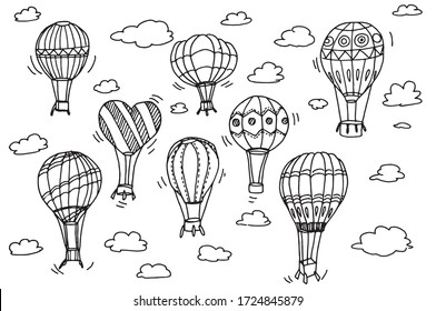Doodle set hot air balloons are drawn white background  Page for coloring 