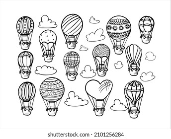 Doodle set of hot air balloons with clouds. hand draw illustration flying vehicles. Romantic balloons. Sky with tourist balloons for flight. Cartoon style