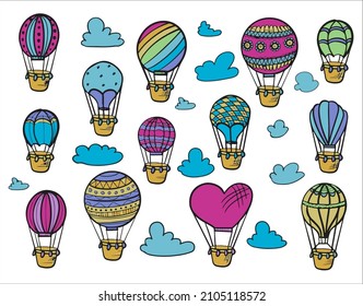 Doodle set of hot air balloons with clouds. Colorful hand draw illustration flying vehicles. Romantic balloons. Sky with tourist balloons for flight. Cartoon style
