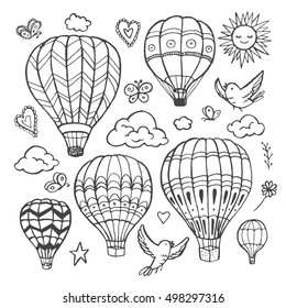 Doodle set hot air balloons and birds  clouds  sun  butterflies