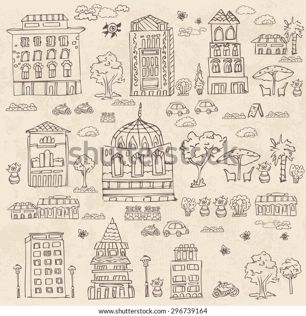 doodle set of houses with\
trees