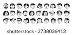 Doodle set of human faces, peoples heads. Sketches of woman, man, facial expressions, emotions. Diversity people isolated on white