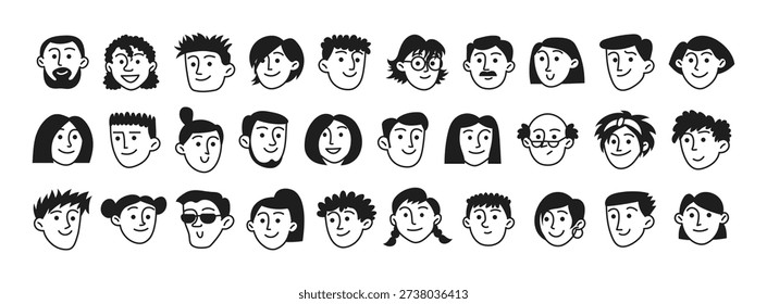 Doodle set of human faces, peoples heads. Sketches of woman, man, facial expressions, emotions. Diversity people isolated on white