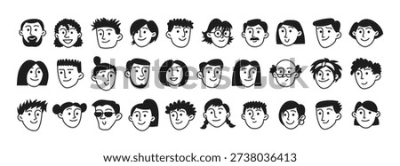 Doodle set of human faces, peoples heads. Sketches of woman, man, facial expressions, emotions. Diversity people isolated on white
