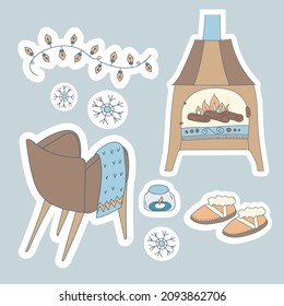 Doodle set Hygge Winter. Linear cozy armchair, Ugg boots, Fireplace, burning candle and garland of lanterns. Vector illustration in Scandinavian, Nordic style. Hand drawn and Sticker design.