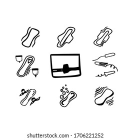 Doodle set of hygiene accessories for menstruation. Vector set of thirteen elements including women's pads, menstrual cups, tampons for women
