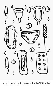 Doodle set of hygiene accessories for menstruation. Vector set of thirteen elements including women's pads, menstrual cups, tampons for women