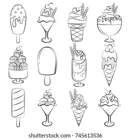 Doodle set of ice cream. Hand drawn food icons isolated on white background. Sweets doodle set. Hand Drawn elements for cafe and restaurant menu design collection.