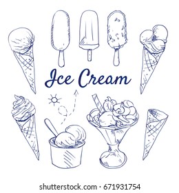 Doodle set of Ice cream - Soft ice, vanilla, chocolate, popsicle, sundae, cup, ice cream cone, hand-drawn. Vector sketch illustration isolated over white background.