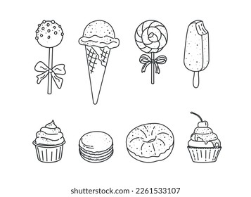 conjunto de garabatos con iconos en forma de caramelos. Ilustraciones vectoriales lineales con quequitos, tartas, helados, quequitos, chupete, macarons, donut sobre un fondo negro con líneas blancas.