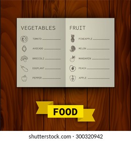 Doodle set of icons vegetables and fruits. Healthy food. Vegetarianism and raw food diet. The image can be used in catering cafe, restaurant, shop.