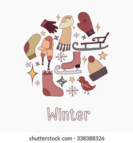 Doodle set of illustrations on the theme of winter for your creativity