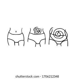 Doodle set of images of abdominal pain. Vector set of image of stomach with legs. Image of pain during menstruation.