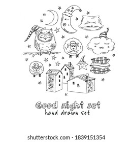Doodle set of images about good night  Vector illustration