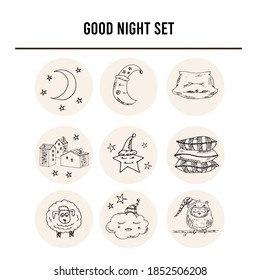 Doodle set of images about good night  Vector illustration
