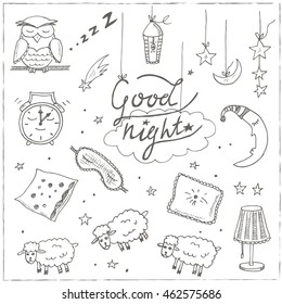 Doodle set of images about good night  Vector illustration