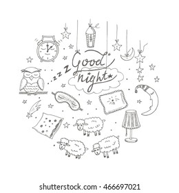 Doodle set of images about good night  Vector illustration