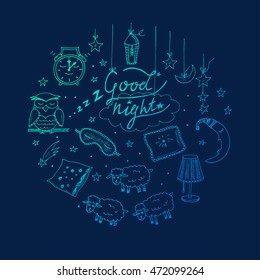 Doodle set of images about good night  Vector illustration