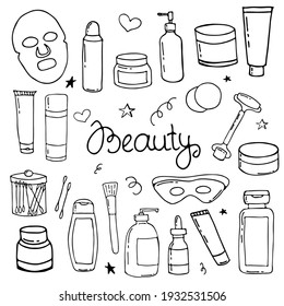 Doodle set of images with cosmetics, jars and accessories. Hand-drawn illustration. Vector image for various designs.