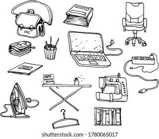 
Doodle set with individual elements for the home. Items in the interior. Computer, ironing board. Work from home. sketch, hand-drawn illustration image vector.