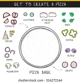 Doodle set of ingredients to build  pizza template. Sliced vegetables. Tomatoes and cucumbers. The dough and olives. Salami and meat. Cheese