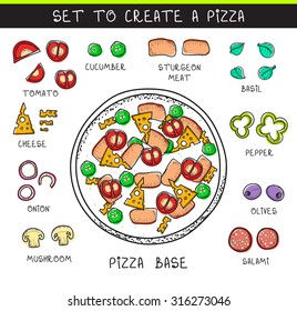 Doodle set of ingredients to build  pizza. Template sliced vegetables. Tomatoes and cucumbers. Dough, olives, salami, meat. Cheese