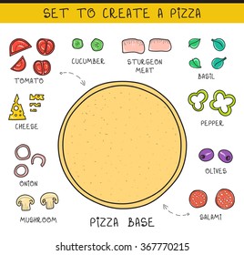 Doodle set of ingredients to build  pizza. Template Sliced vegetables.  Tomatoes and cucumbers. The dough. olives. Salami ,meat. Cheese