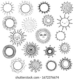 doodle set isolated on white. Stylized sun