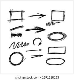 Doodle set isolated on white. Arrow and line hand-drawn objects. Abstract sketchy grunge drawings. Vector stock illustration.  EPS 10