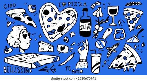 Doodle Set of Italian Pizza Elements.  Hand Drawn Illustration of Cuisine Ingredients on Blue Background.