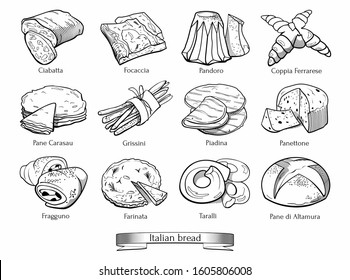 Doodle set of Italian types of bread. Hand drawn sketch of traditional bakery products. Vector illustration on white background.