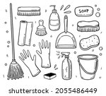 Doodle set of items for cleaning - mop, brushes, detergents, bucket, scoop, rubber gloves, soap, sponges, paper towels. Work equipment for keeping the house clean. Vector hand-drawn illustration.