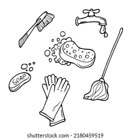 Doodle set of items for cleaning - mop, brushes, detergents, bucket, scoop, rubber gloves, soap, sponges, paper towels. Work equipment for keeping the house clean. Vector hand-drawn illustration.