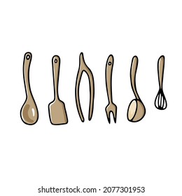 Doodle Set von Artikeln zum Kochen. Farbsifting-Schale, Stachelpresse, Besteck, Spatel, Zungen, Leiter, Whisk, Löffel einzeln auf weißem Hintergrund. Gemütliche Küchenutensilien, süße Gerichte. Vektorgrafik