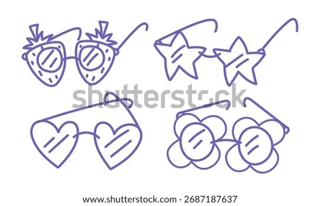 Doodle set of items for fans of Korean K-pop celebrities in the Doodle style. Glasses shaped like a star, heart, strawberry, and flower. Purple outline. Love for South Korea