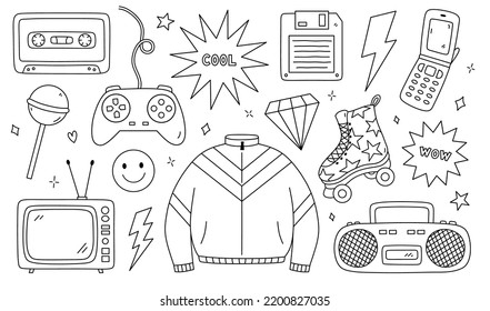 Doodle Set von Artikeln aus den 90er Jahren - Retro-Kassettenband, Sportjacke, Kassettenrekorder, Rollschuh, TV, Joystick, Diskette, coole und wow Aufkleber, Blitze, Diamanten. Nostalgie für die 1990er