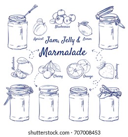 Doodle Set Of Jam, Jelly & Marmalade - Jar, Glass, Spoon, Apricot, Blueberries, Lemon, Strawberry, Orange, Cherry, Mandarin, Hand-drawn. Vector Sketch Illustration Isolated Over White Background.