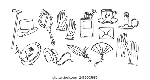 Doodle set of Jane Austen era elements. Vector Georgian and Regency era collection. Mirror, gloves, hat, umbrella, book, flowers, cane, candle, tea cup, fan, letter. 18th-19th centuries of Britain