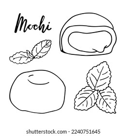 Juego de caramelos de dulces japoneses. Esbozo dibujado a mano de postres tradicionales. Ilustración vectorial sobre fondo blanco.