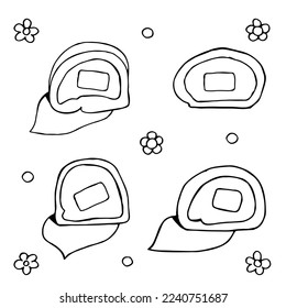 Doodle set of Japanese sweets. Hand drawn sketch of traditional desserts. Vector illustration on white background.