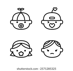 Doodle Set of Kids Face Characters. Set of Children Avatars of preschool age. Children with different emotions, ethnicity, hairstyles. Linear Vector illustration
