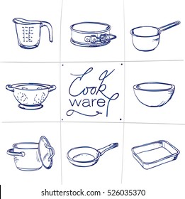 Conjunto de caramelos de utensilios de cocina - taza de medida, estaño para hornear, casserole, colador, tazón, sartén, sartén, plato para hornear, dibujado a mano. Ilustración de esbozo del vector aislada sobre fondo blanco.