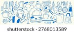 Doodle set of kitchen items and food isolated on white background. Vector illustration of cooking utensils, pots, chef tools, hand-drawn outline kitchenware, fruit and vegetables for culinary designs