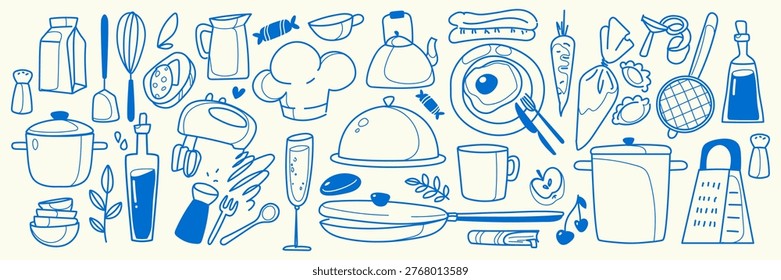 Doodle set of kitchen items and food isolated on white background. Vector illustration of cooking utensils, pots, chef tools, hand-drawn outline kitchenware, fruit and vegetables for culinary designs
